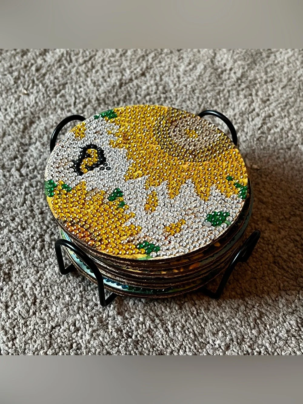 Lot of 8 Diamond Painting Sunflower Coasters w/ Rack